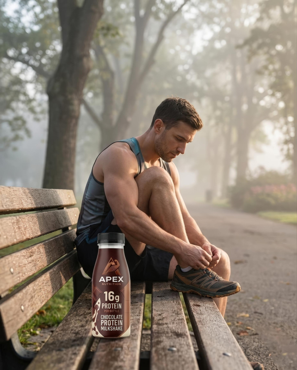 Protein bottle on park bench with runner tying shoes google gemini prompt