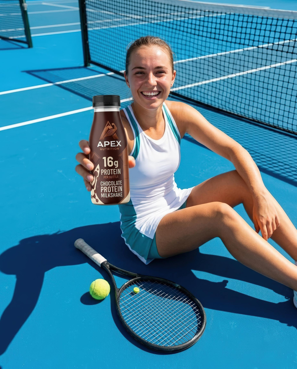 Smiling tennis player holding protein bottle on blue court google gemini prompt