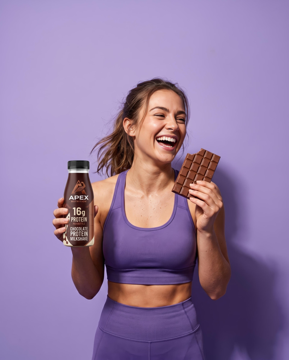 Happy woman with protein bottle and chocolate bar google gemini prompt
