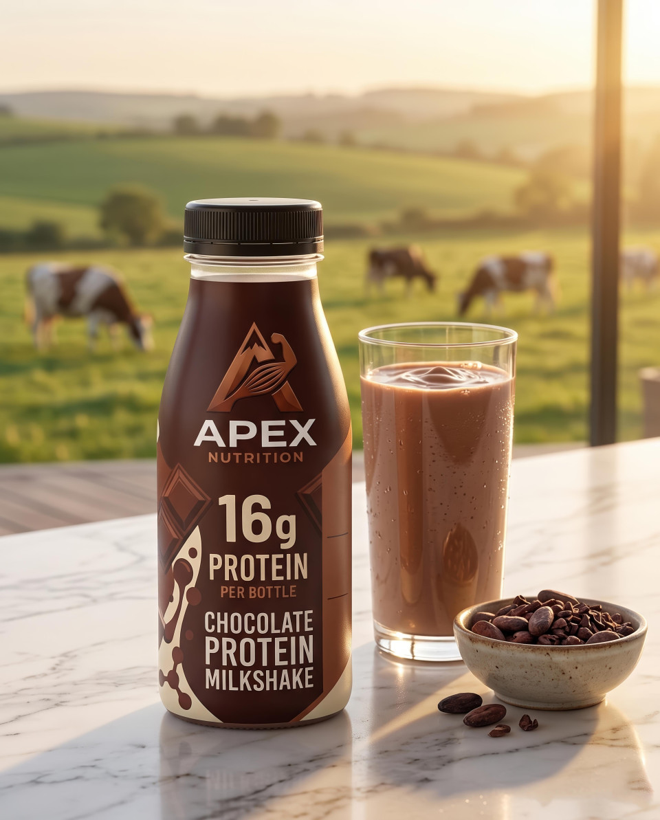 Protein bottle with chocolate milk on farm at sunset google gemini prompt