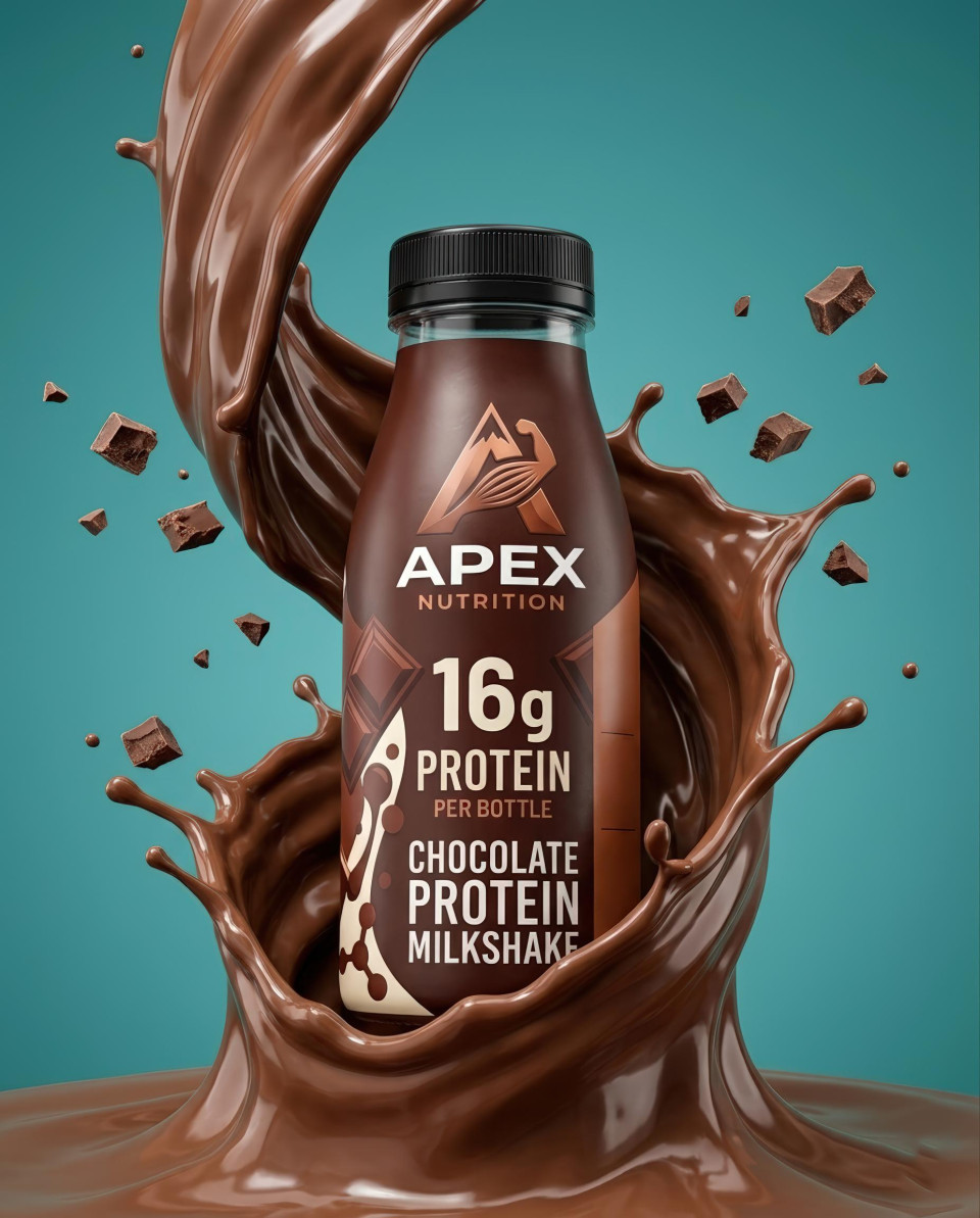 Protein bottle bursting through chocolate splash dynamic action google gemini prompt