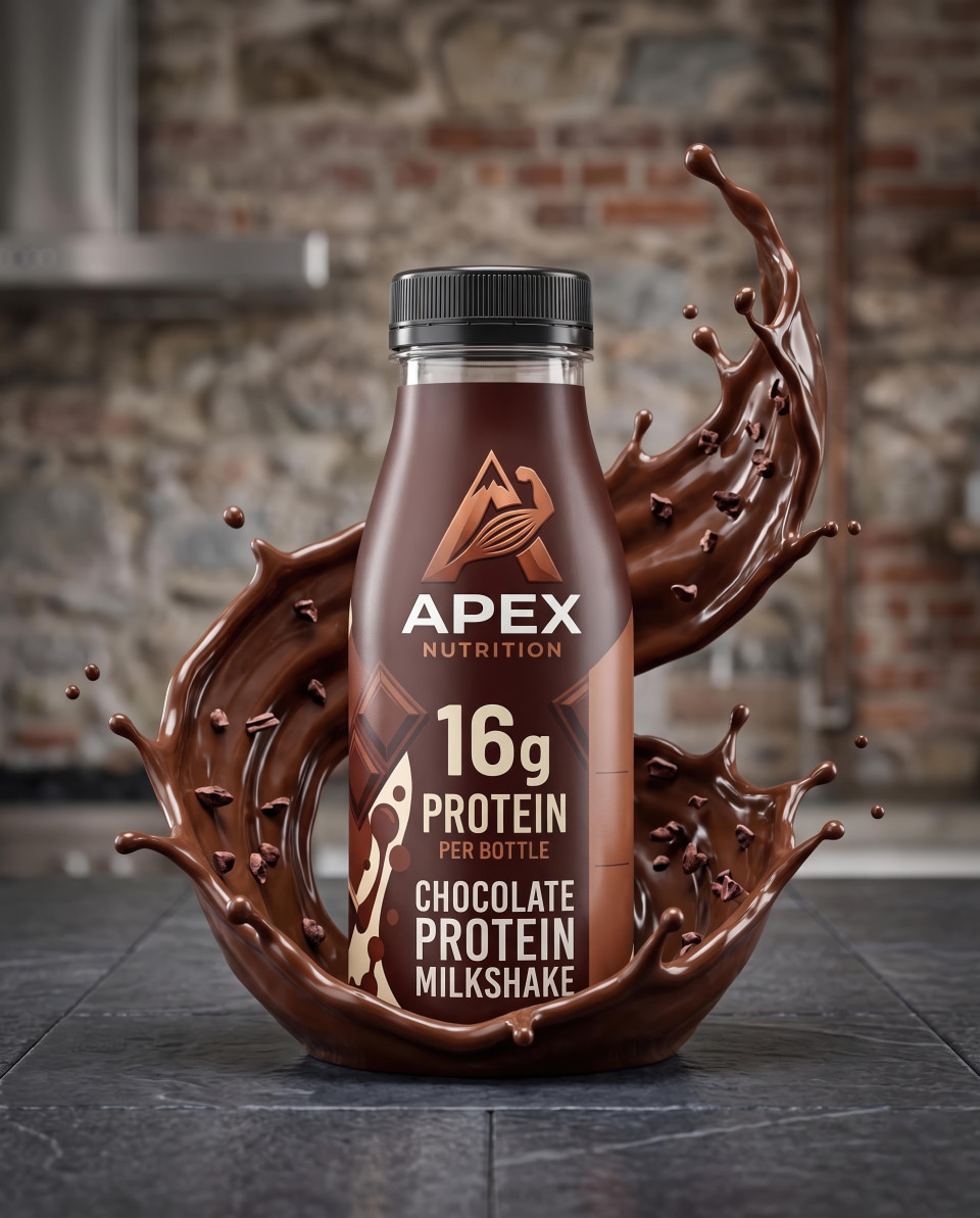 Protein bottle with chocolate splash on slate surface google gemini prompt