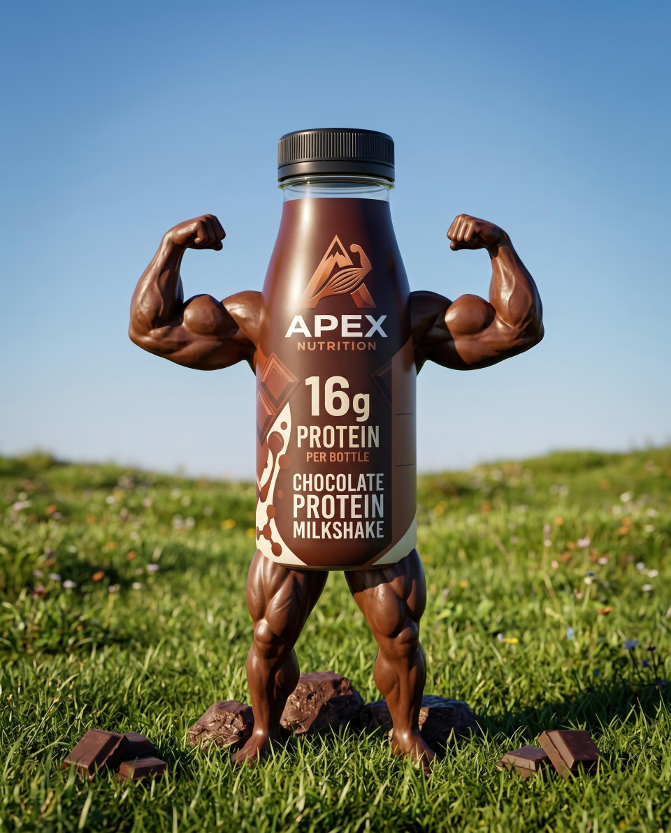 Muscular chocolate character protein bottle in grassy field google gemini prompt