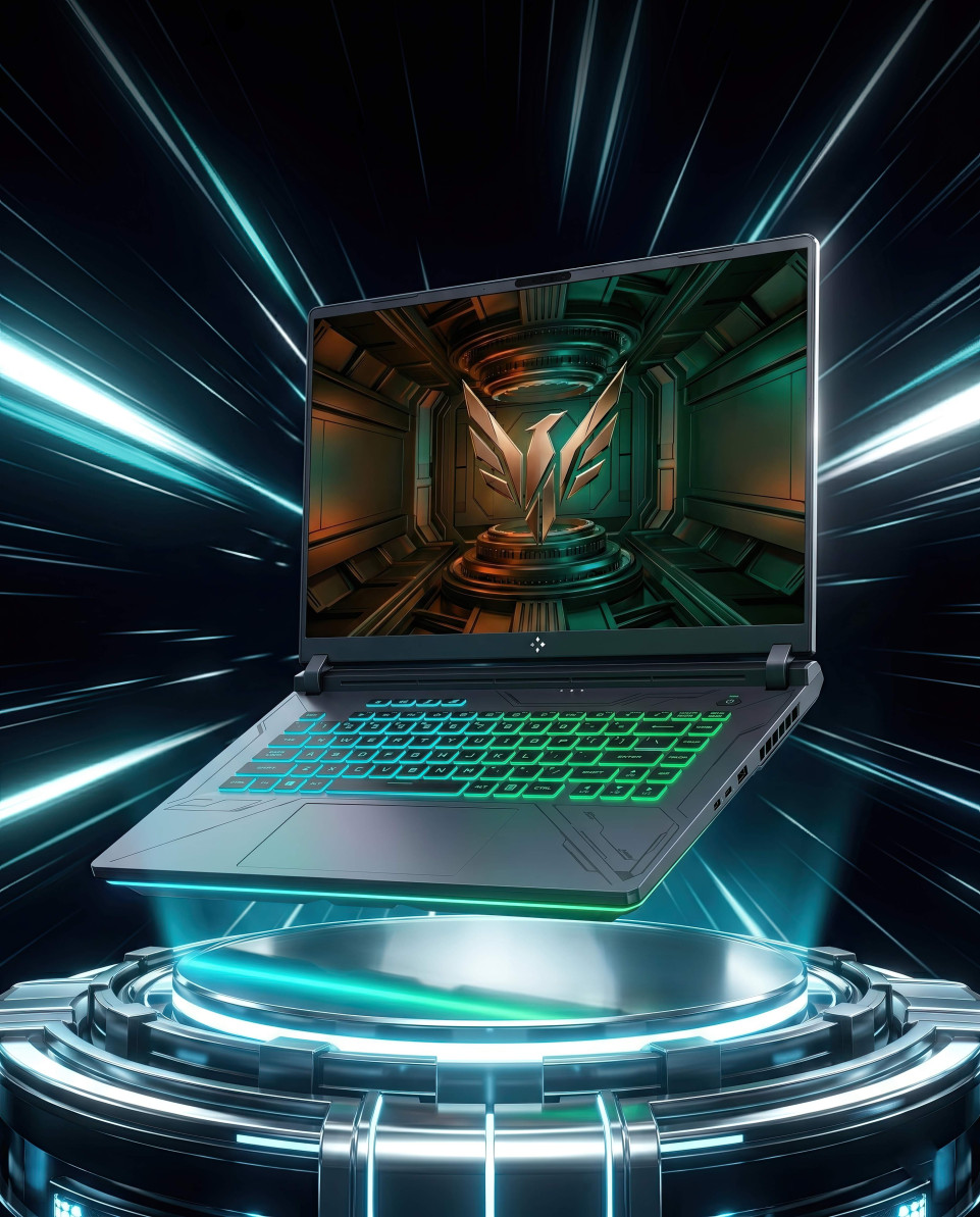 Futuristic gaming laptop floating with neon glow space scene google gemini prompt