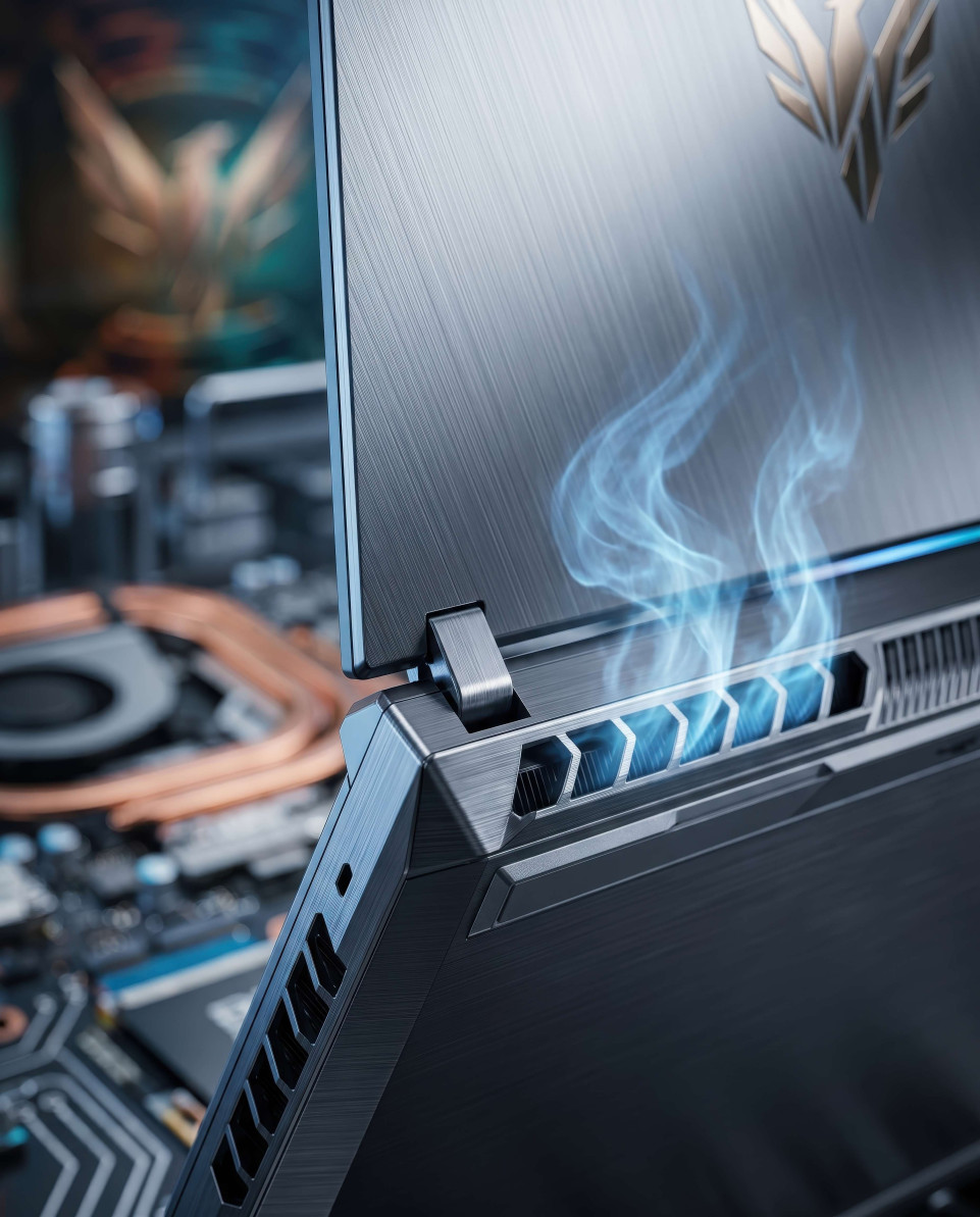 Macro gaming laptop hinge and cooling vents blue vapor google gemini prompt