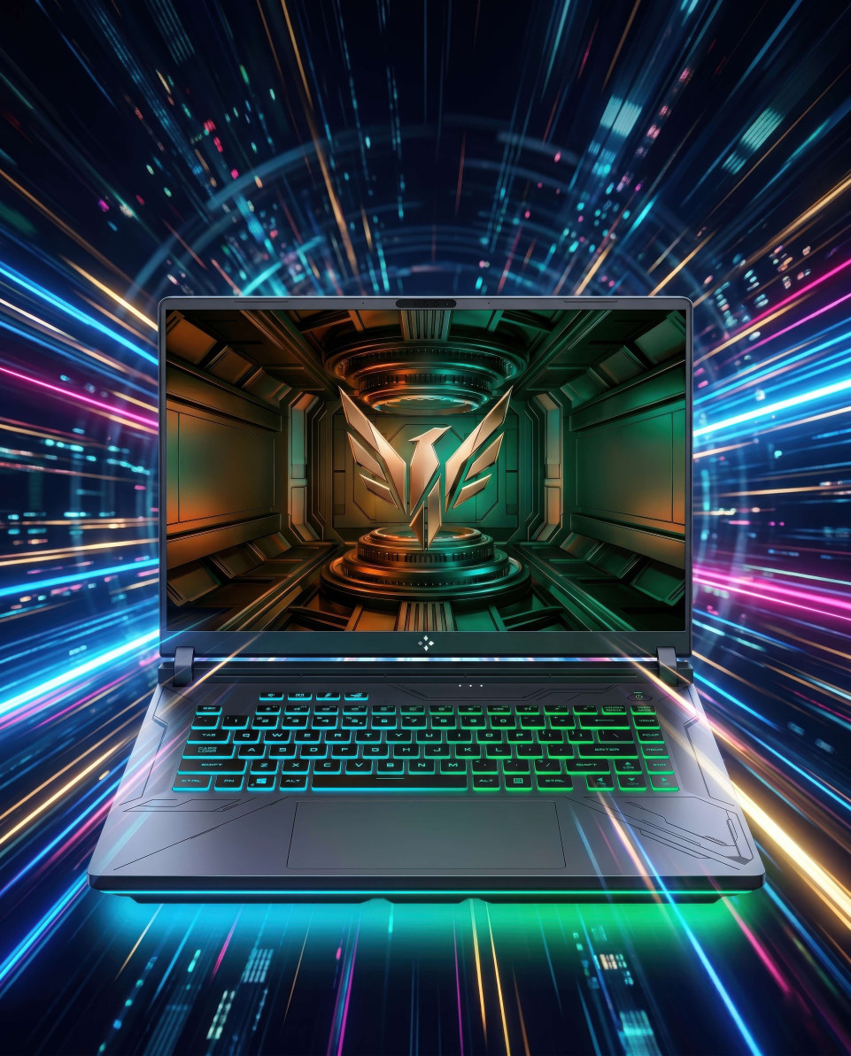Gaming laptop in high speed digital tunnel light streaks google gemini prompt