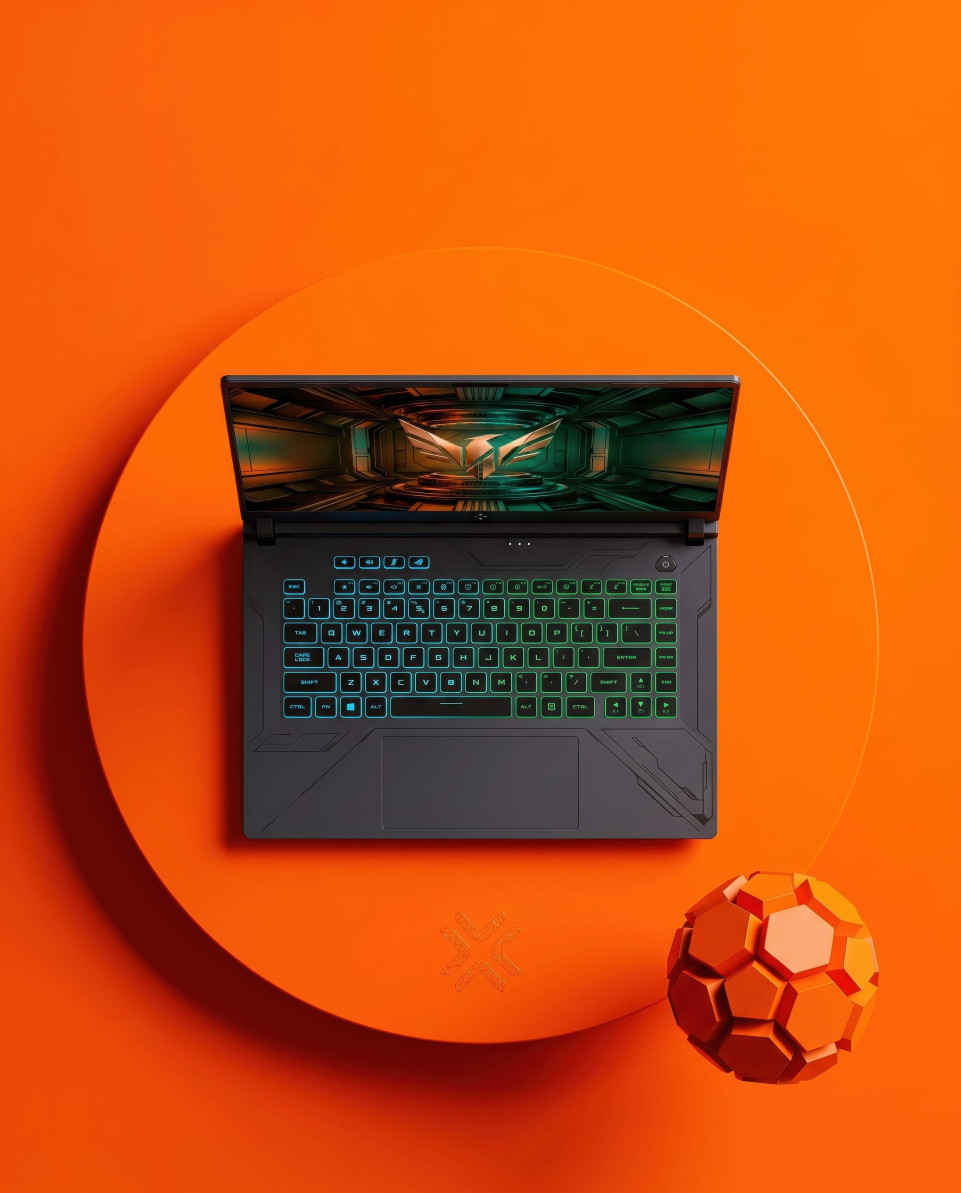 Gaming laptop on orange studio platform modern flat lay google gemini prompt
