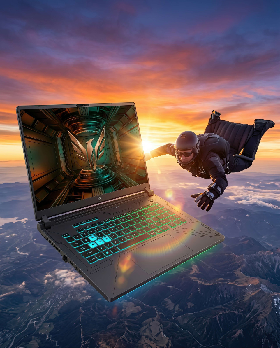 Gaming laptop floating in sunset sky extreme freedom concept google gemini prompt