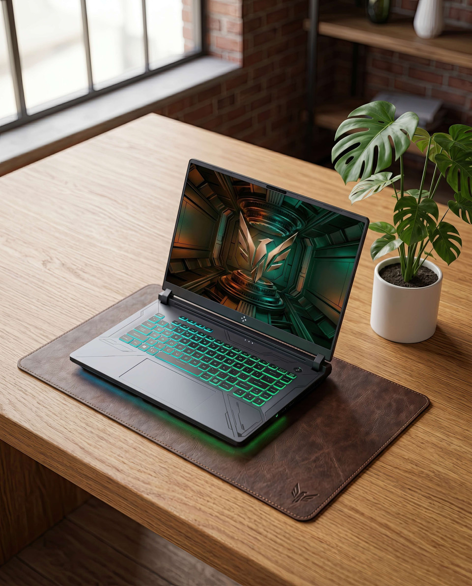 Gaming laptop on wooden desk modern loft minimal setup google gemini prompt