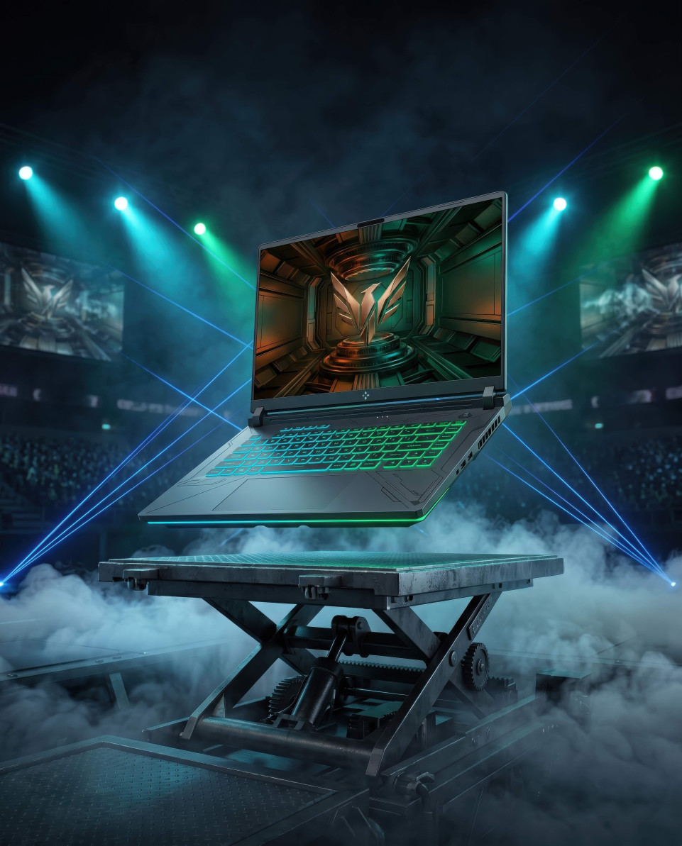 Gaming laptop reveal with lasers and fog esports arena google gemini prompt