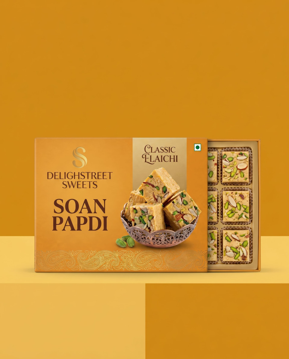 Open sweets box catalog style product display yellow background google gemini prompt