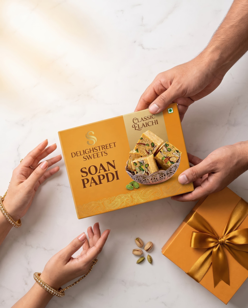 Gift presentation sweets box hands exchange minimal top view google gemini prompt