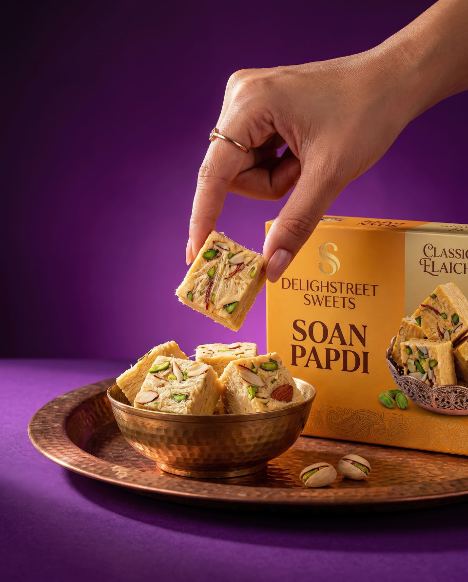 Close up hand picking sweet from box dramatic food lighting google gemini prompt