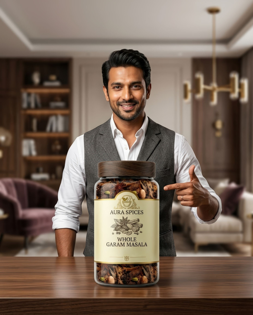 Premium spice jar with confident man in modern living room ad google gemini prompt