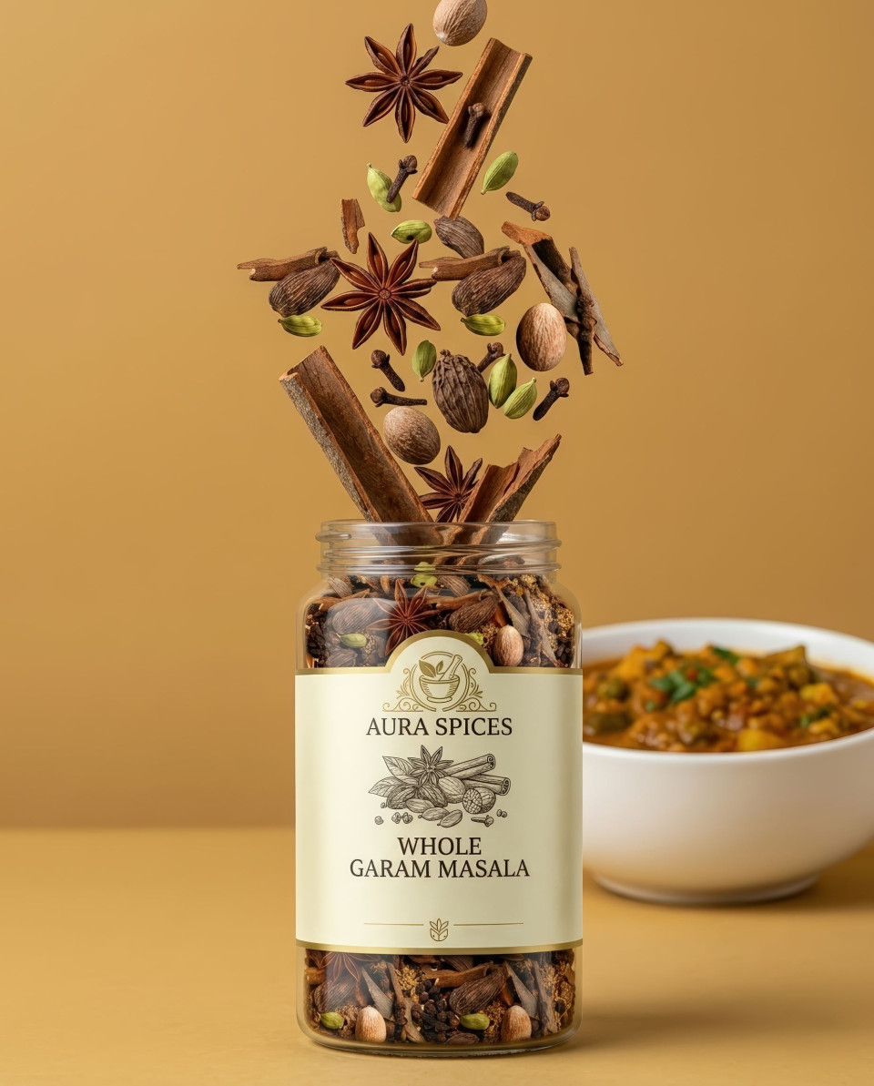 Floating whole spices above jar with curry bowl minimalist setup google gemini prompt