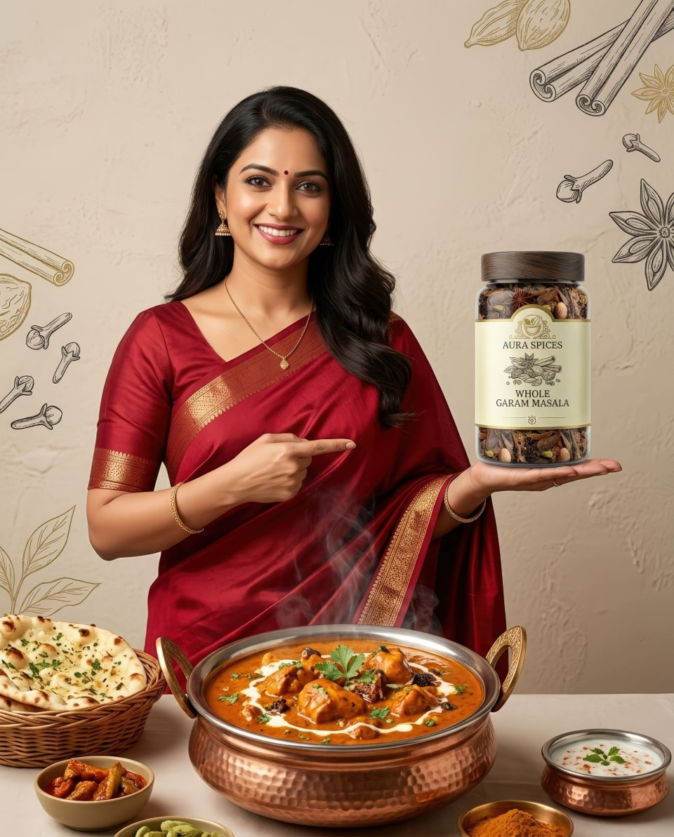 Spice jar with butter chicken and woman in saree food ad scene google gemini prompt