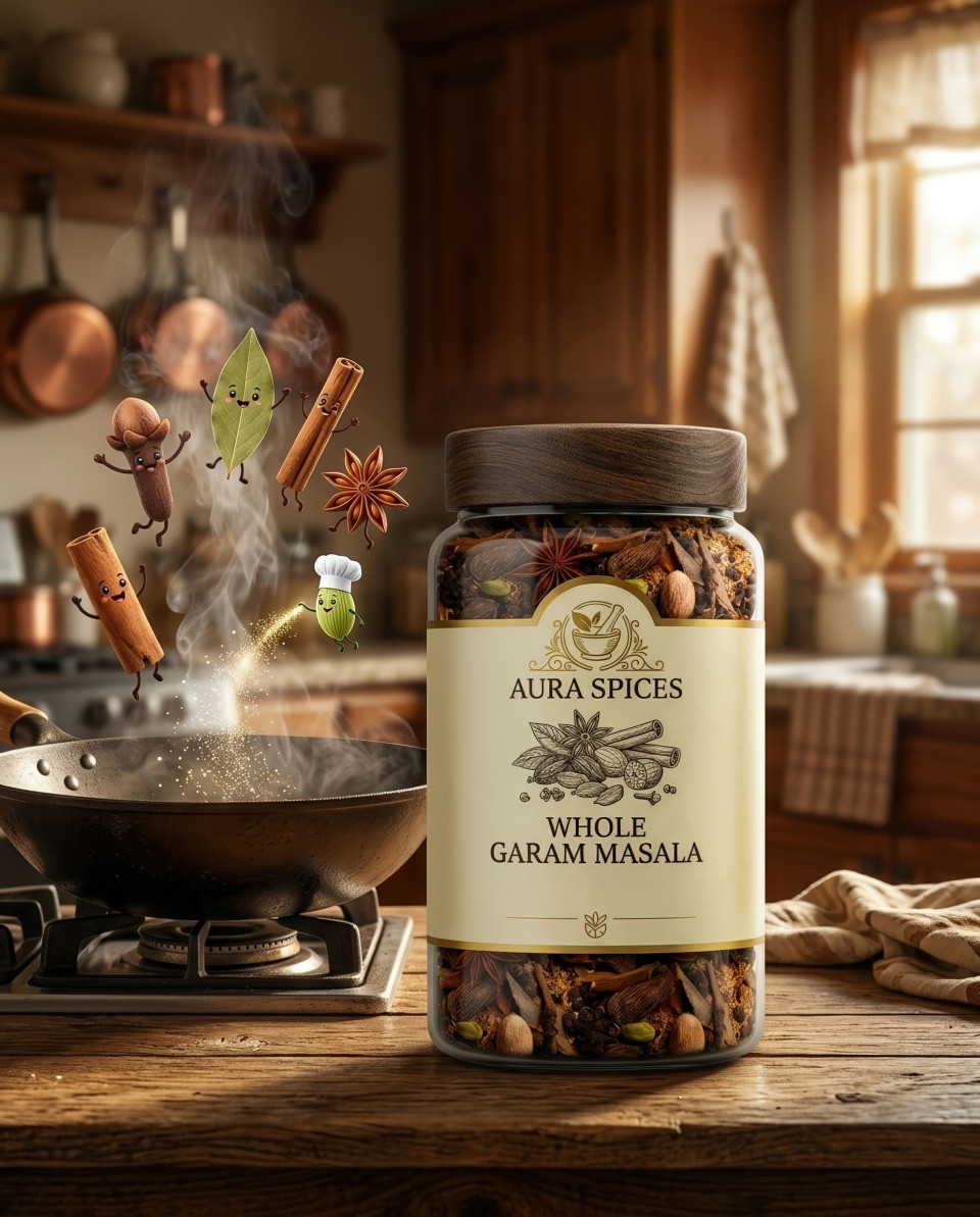 Spice jar with playful animated spice characters in kitchen scene google gemini prompt