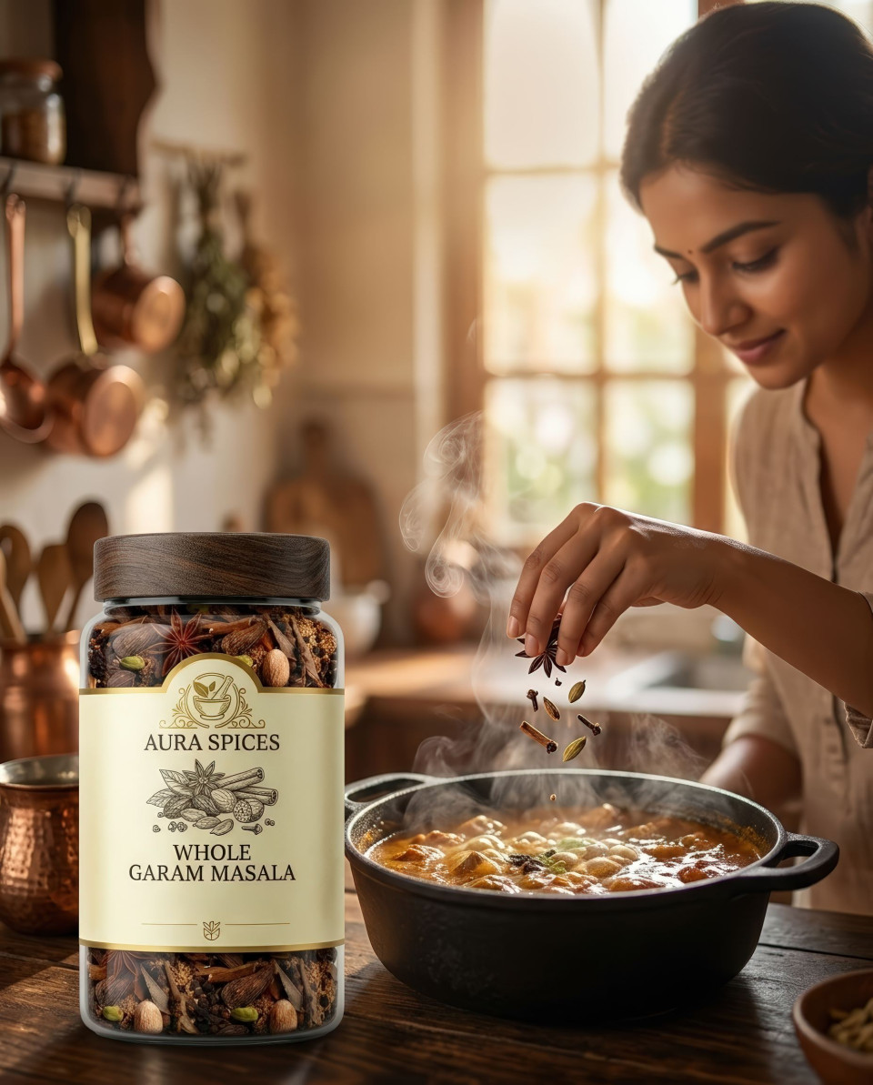 Spice jar on rustic kitchen counter with steam cooking scene google gemini prompt