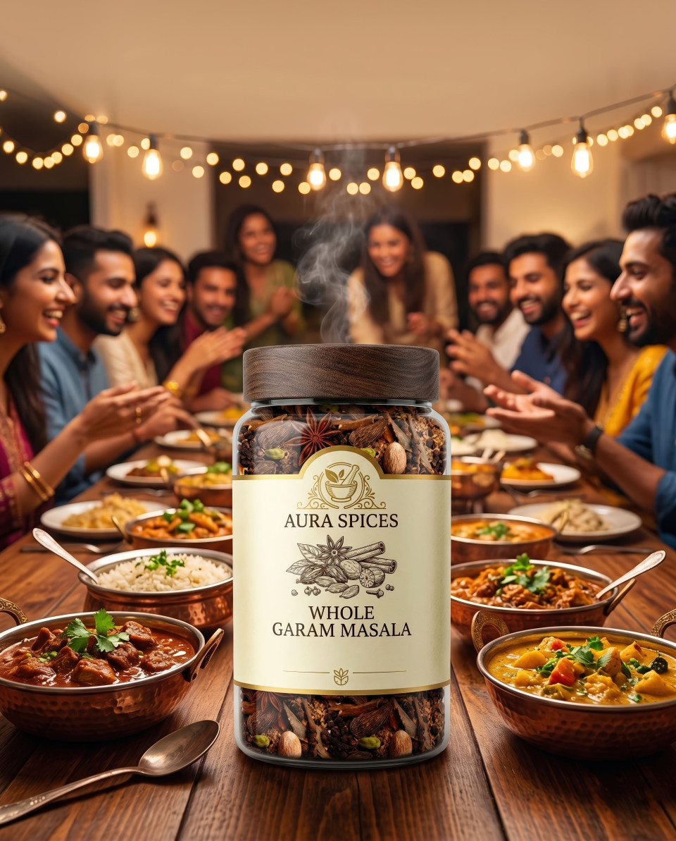 Spice jar on banquet table with friends enjoying festive meal google gemini prompt