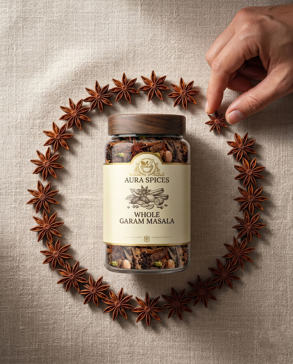 Flat lay spice jar with star anise pattern on linen cloth google gemini prompt