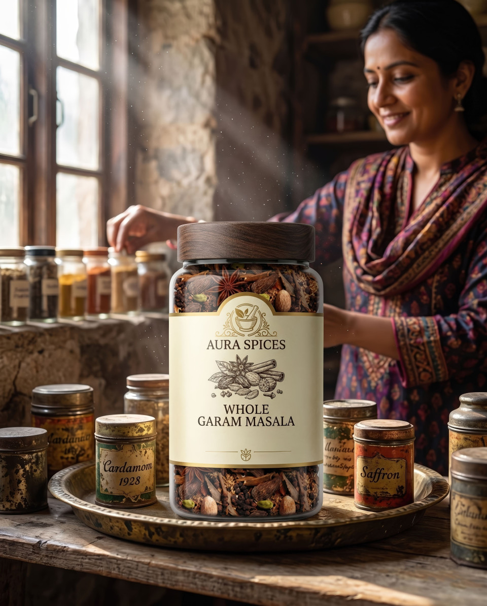 Spice jar on brass tray in traditional pantry with vintage vibe google gemini prompt