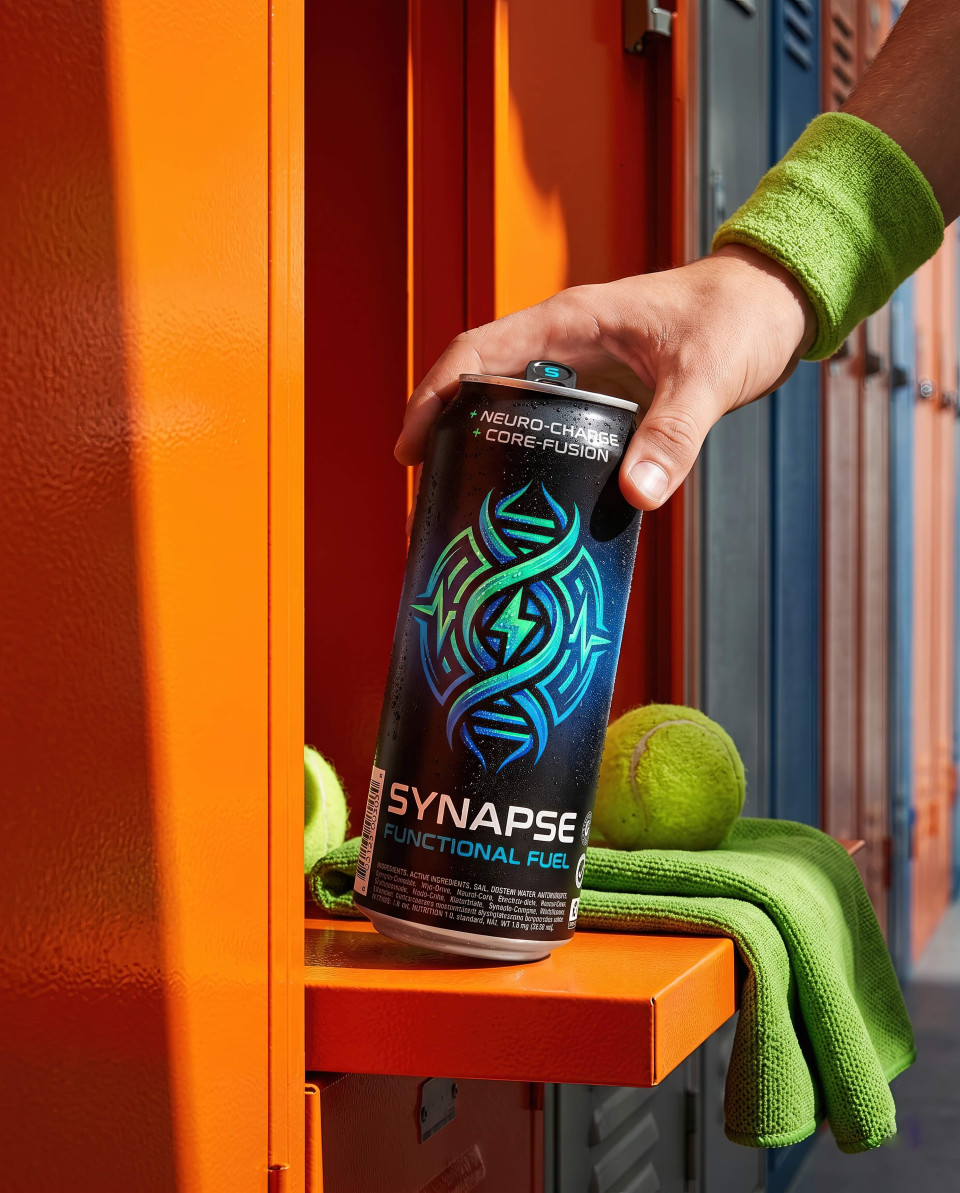 Energy drink can in sports locker room with athlete hand reach google gemini prompt