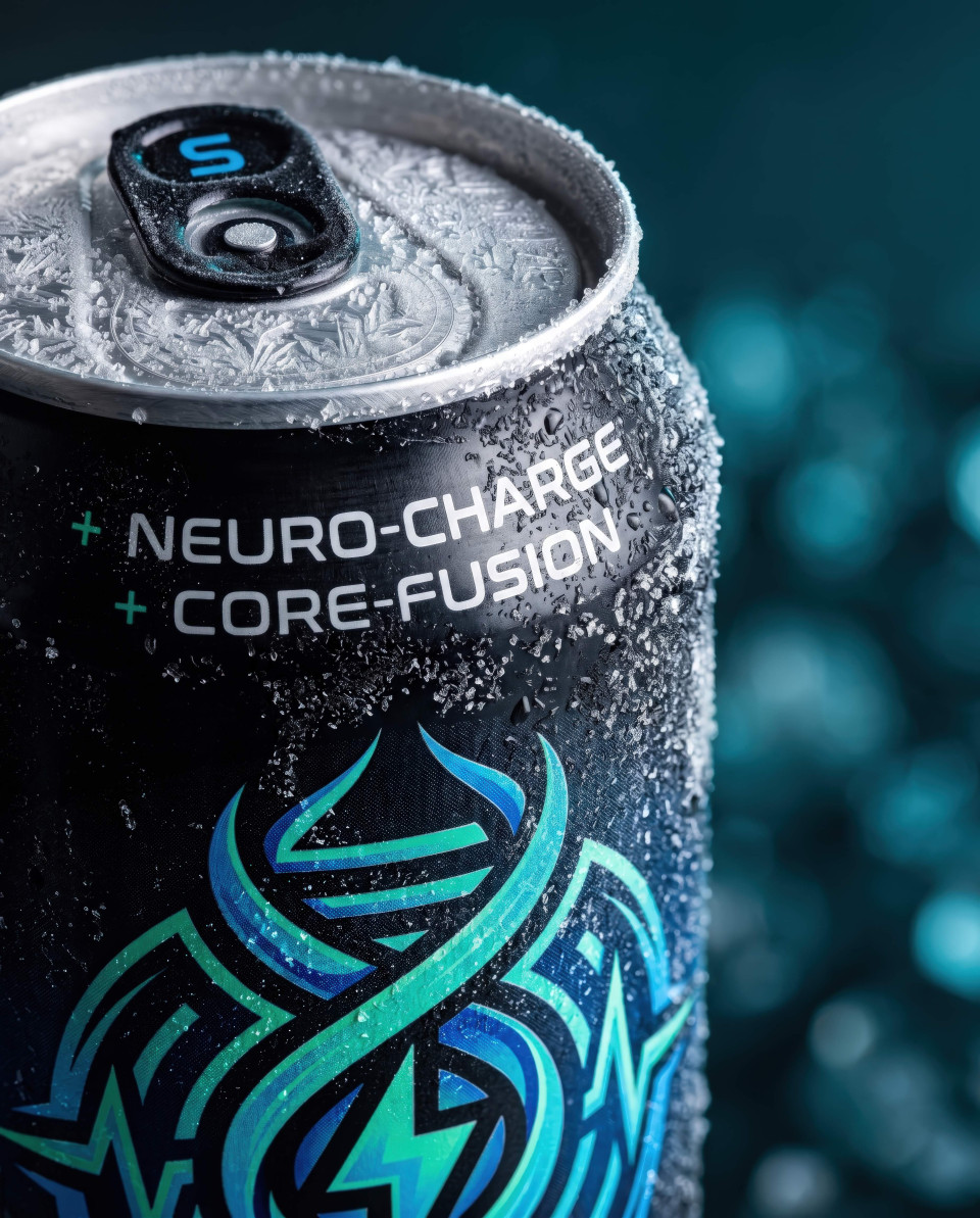 Macro close up of frosted energy drink can with ice texture detail google gemini prompt