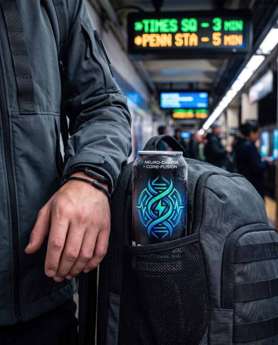 Energy drink can in backpack pocket urban commute subway scene google gemini prompt