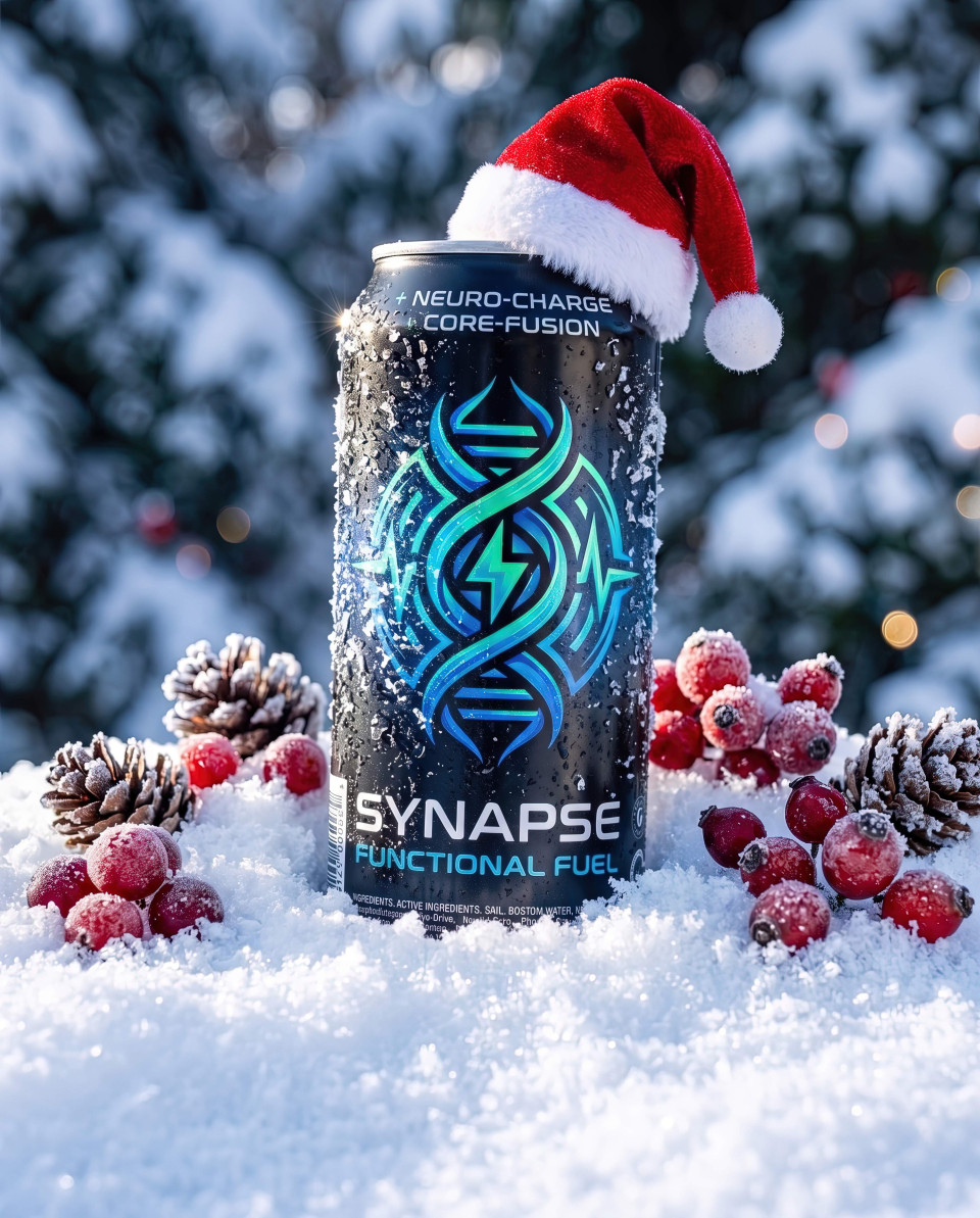 Energy drink can in snow with festive winter holiday styling google gemini prompt