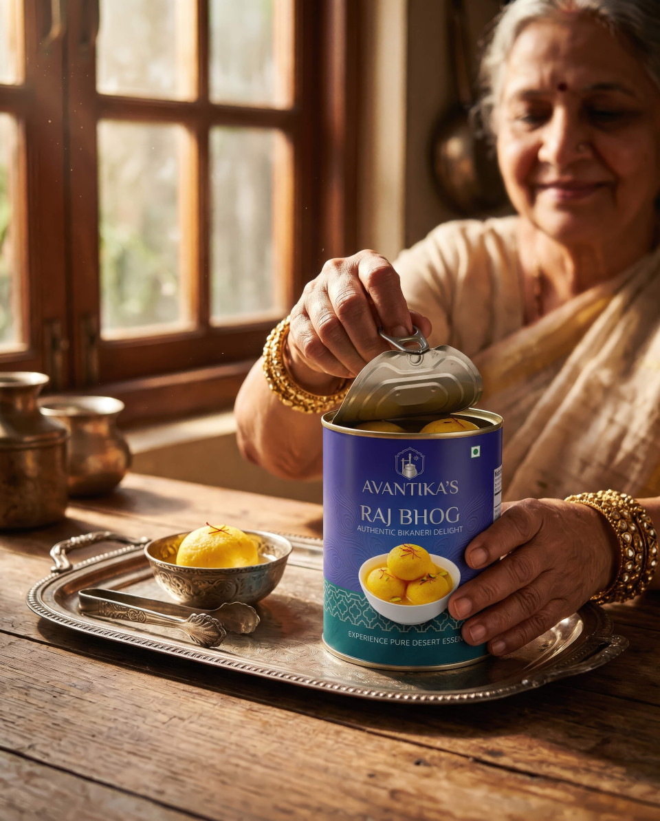Traditional kitchen scene with sweet tin and grandmother hands google gemini prompt