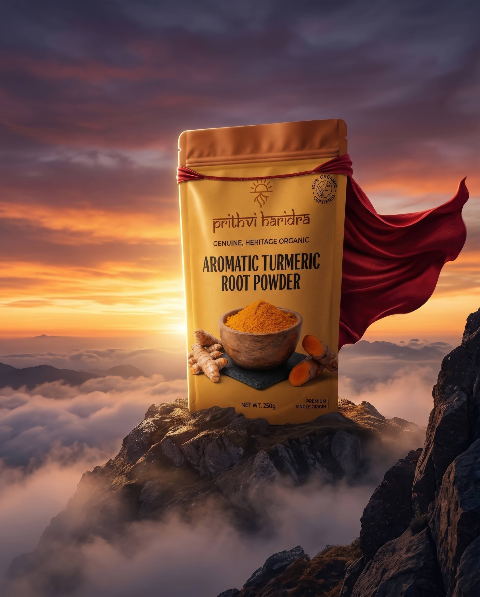 Turmeric pouch with explosive powder burst on dark slate google gemini prompt