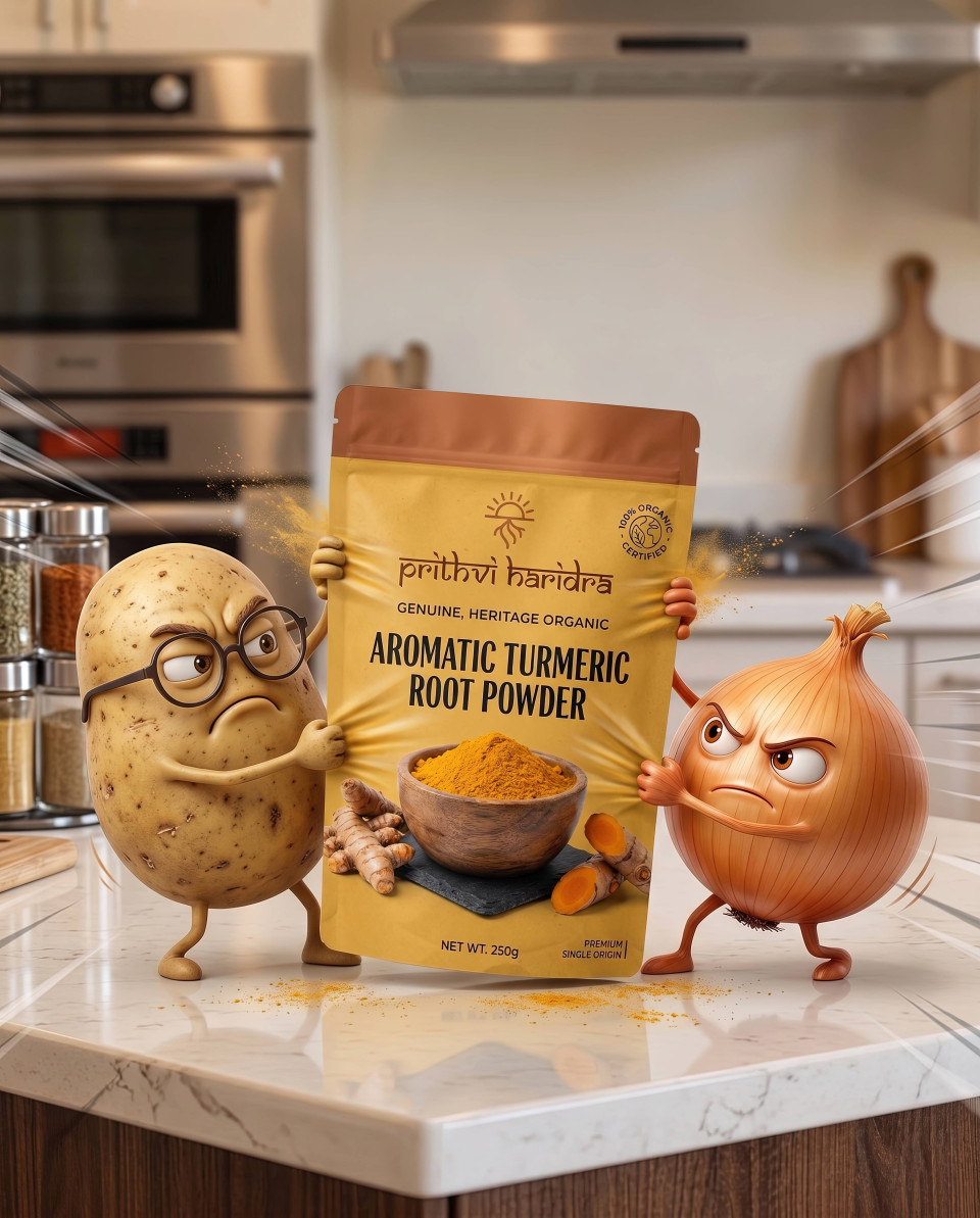 Turmeric pouch on stone wall in sunlit agricultural field google gemini prompt