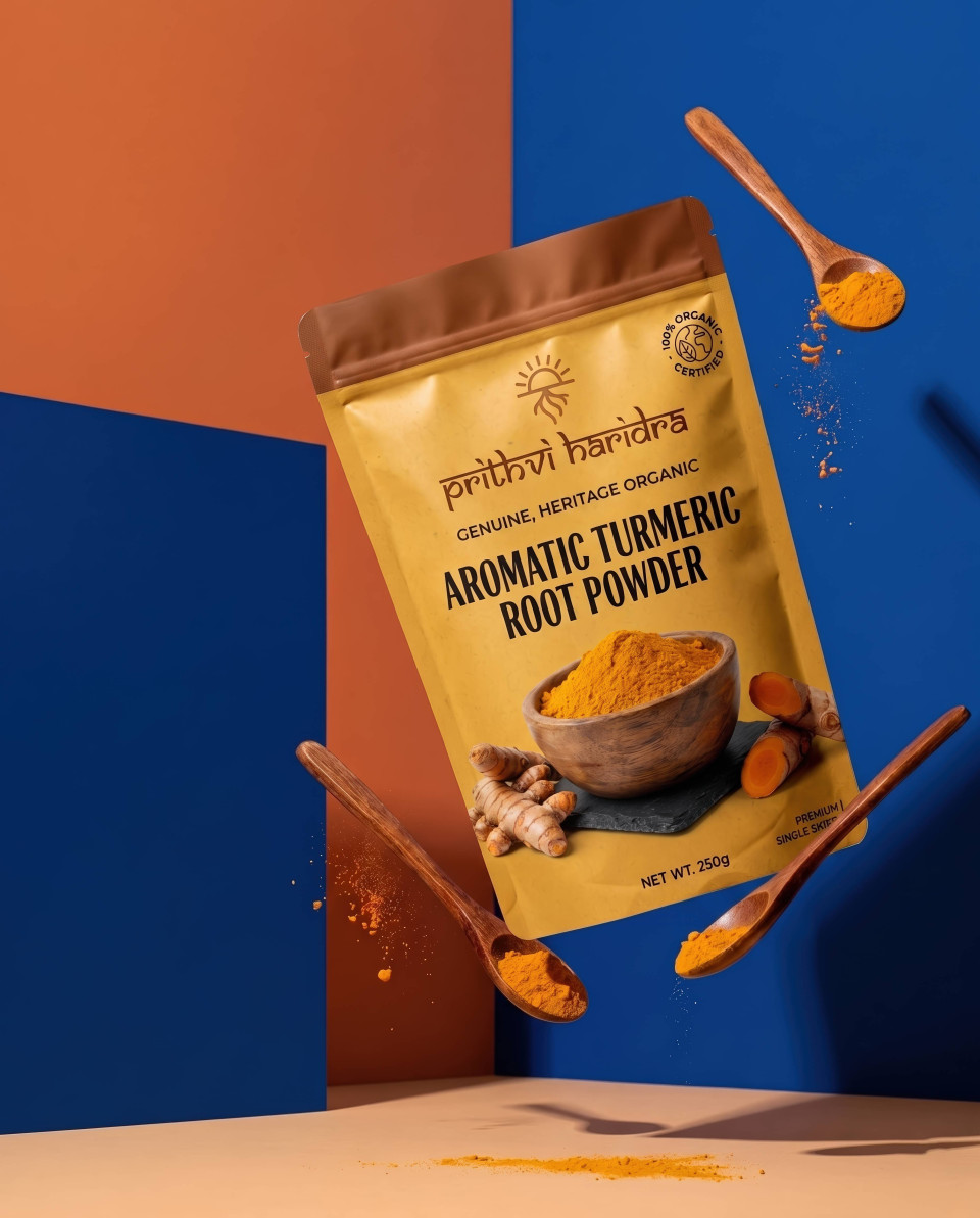 Floating turmeric pouch with spoons on bold color background google gemini prompt