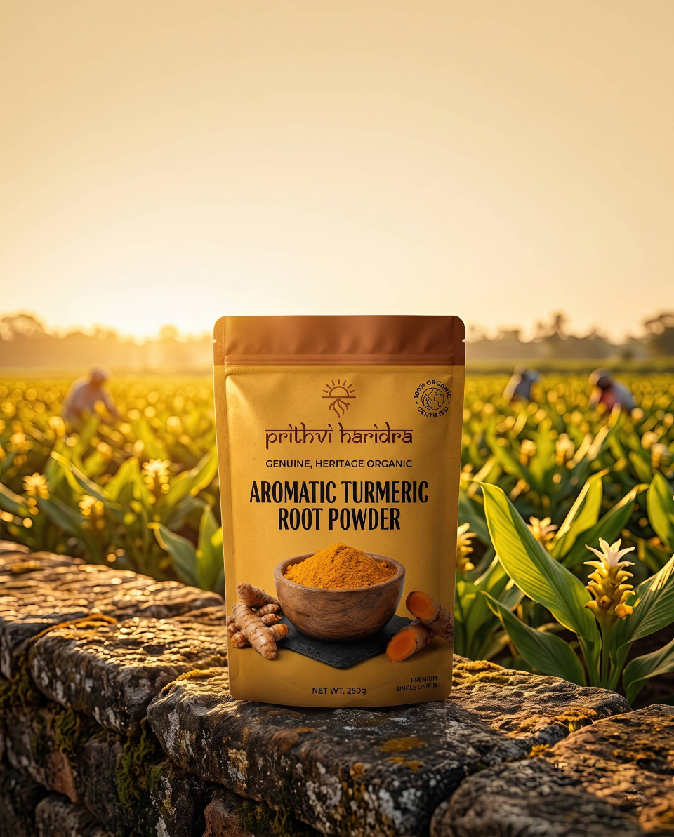 Turmeric pouch on stone wall in sunlit agricultural field google gemini prompt