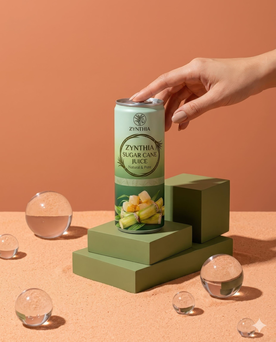 Minimalist beverage can on green block with hand touch scene google gemini prompt