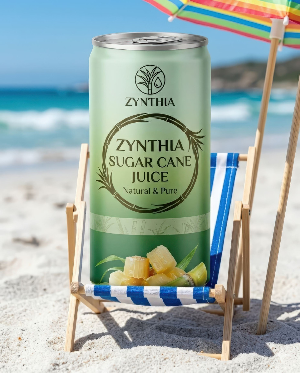Beverage can on mini beach chair with ocean summer backdrop google gemini prompt
