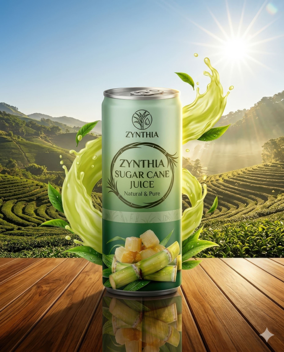 Beverage can with swirling juice over tea plantation valley google gemini prompt