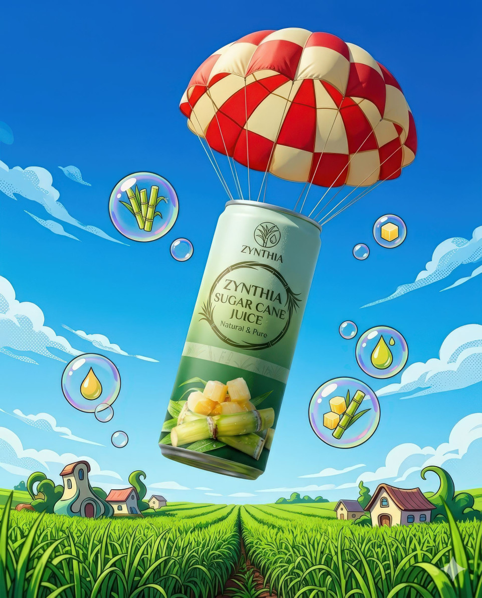 Beverage can parachute drop in sky with playful surreal style google gemini prompt