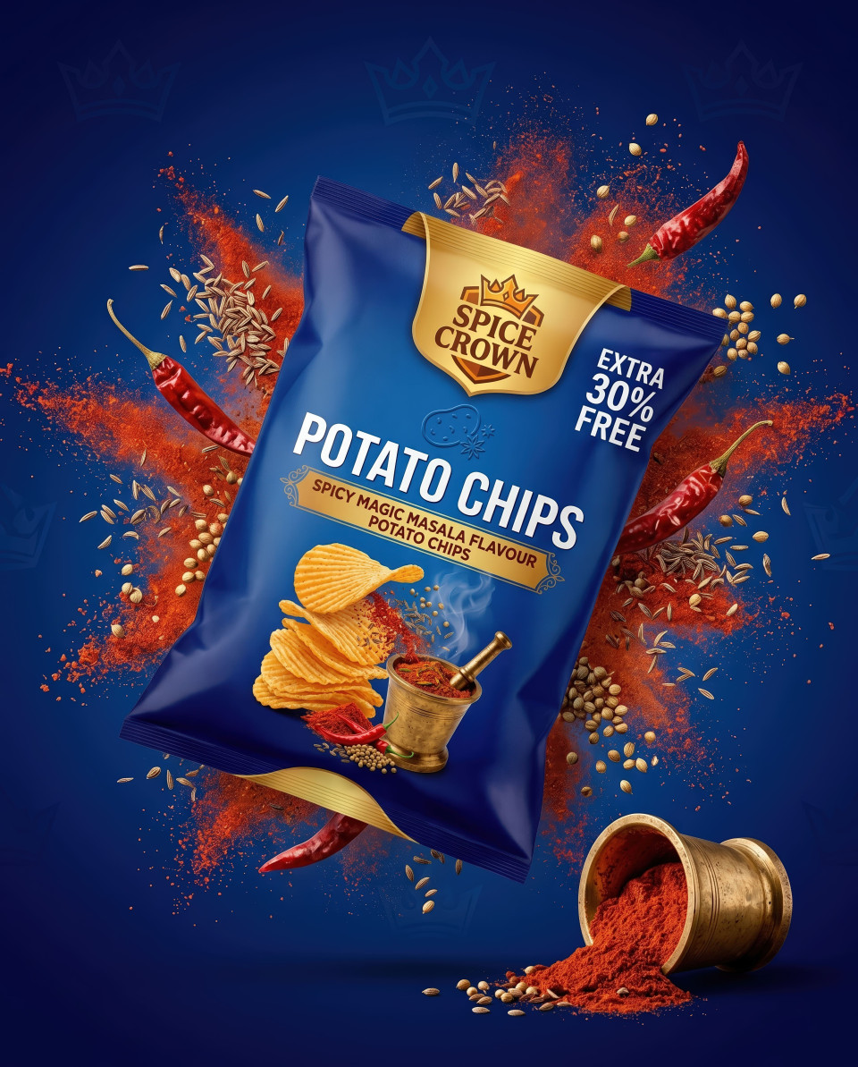Floating snack pack with chili burst and spice dust on blue background google gemini prompt