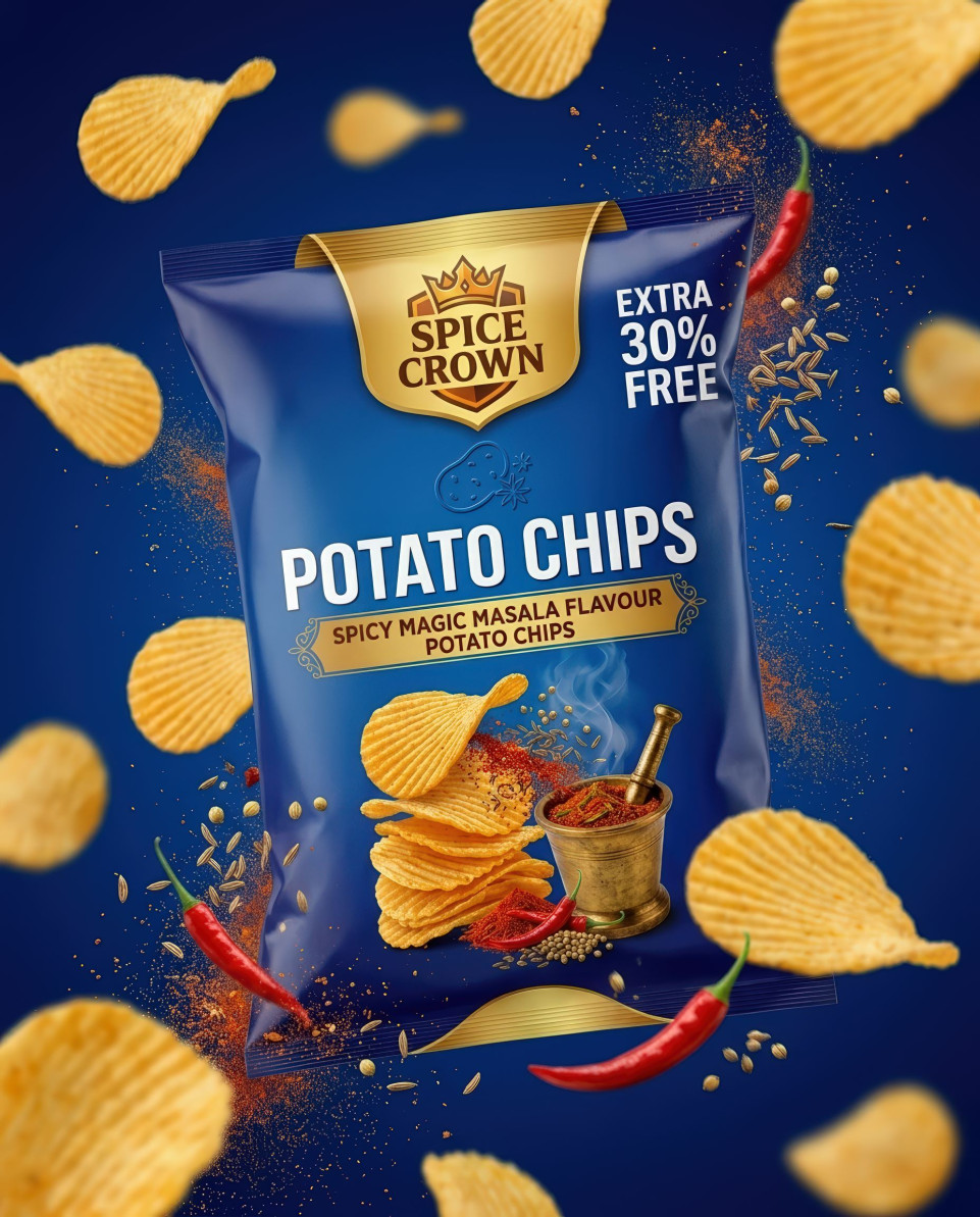 Floating chips and snack pack with spice dust in energetic blue scene google gemini prompt