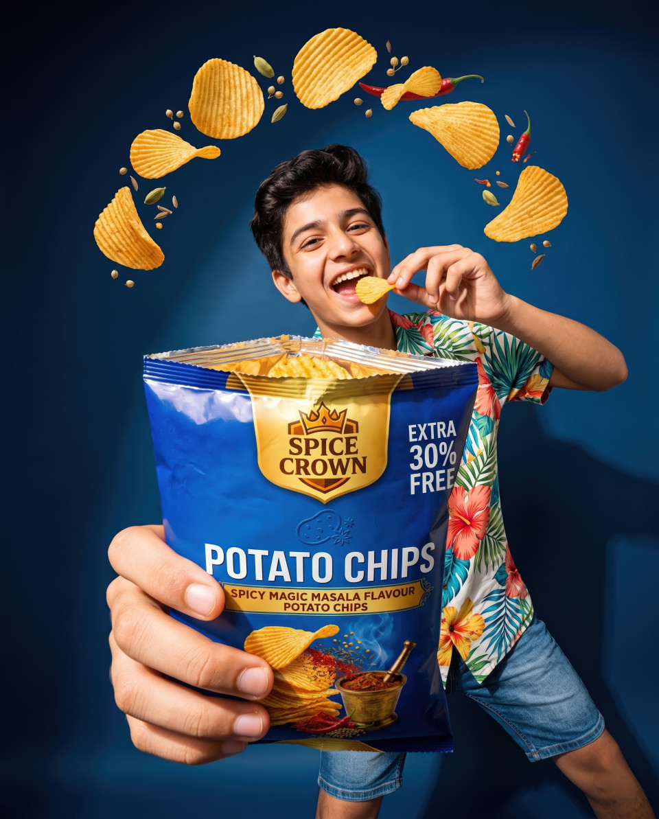 Teen boy holding snack pack close with wide angle playful chips scene google gemini prompt
