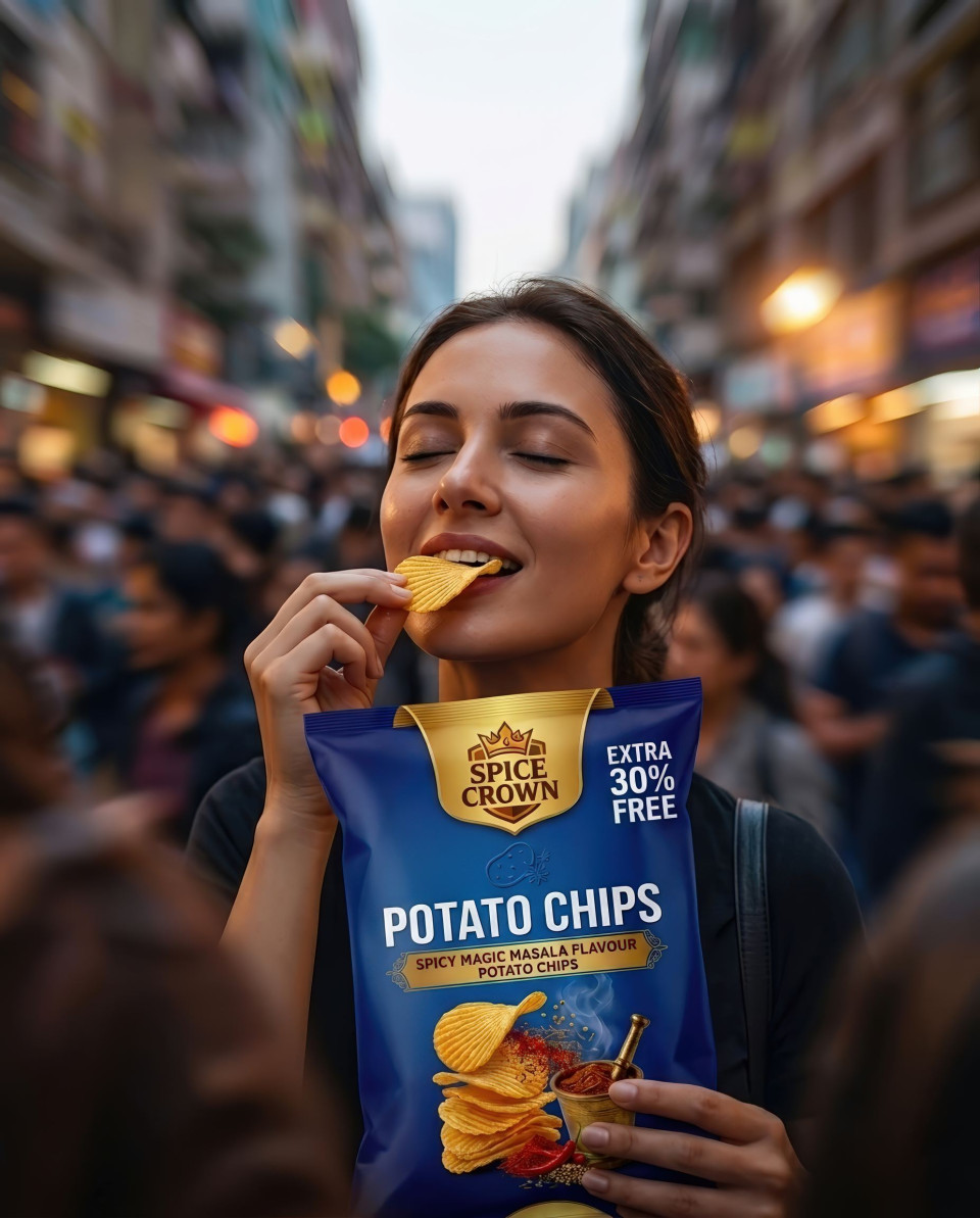 Woman enjoying chips in city with blurred crowd and product foreground google gemini prompt