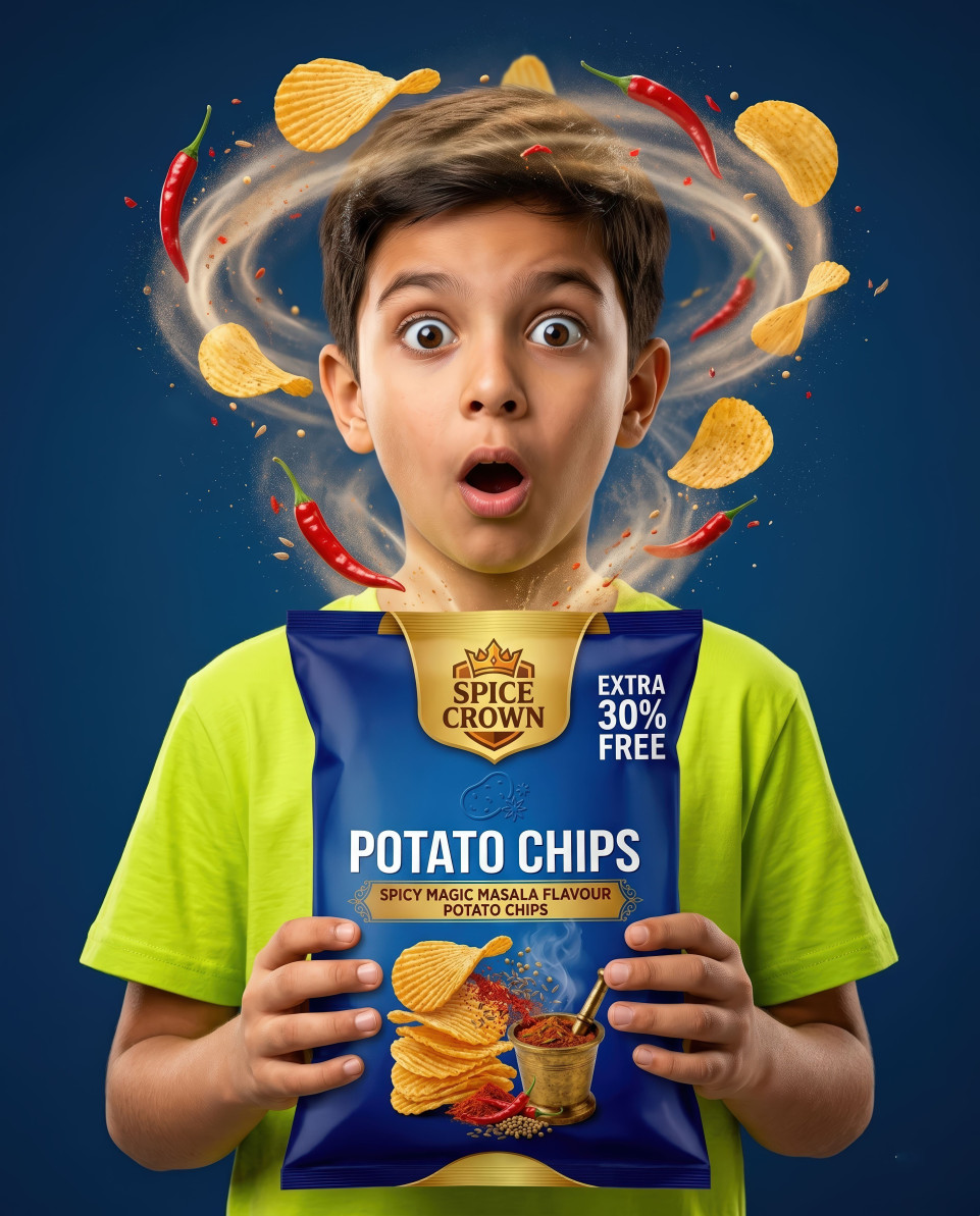 Boy reacting to spicy chips with product and chili vortex effect google gemini prompt