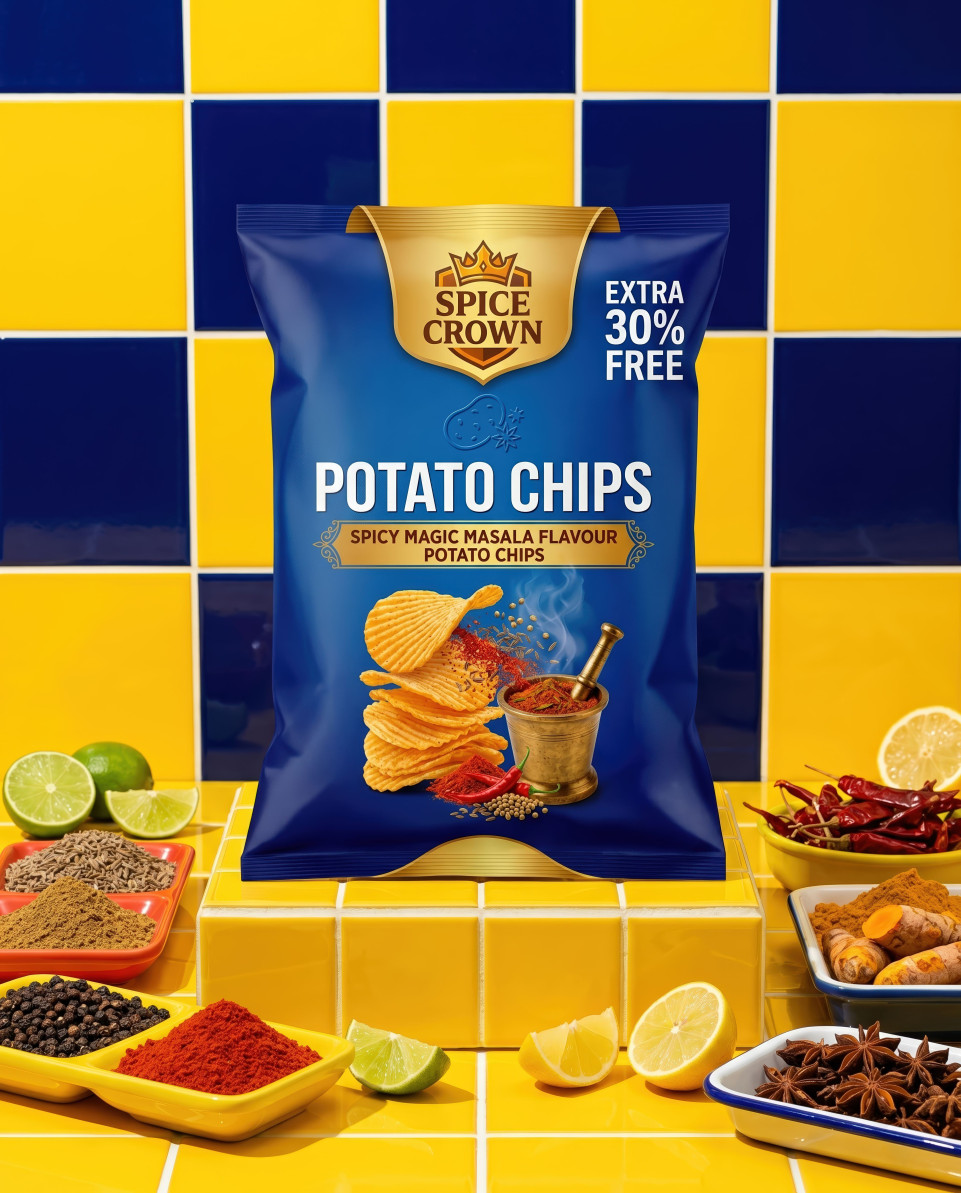 Spicy snack product on yellow pedestal with bold blue backdrop google gemini prompt