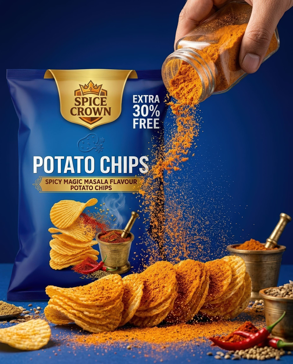 Snack product with stacked chips and pouring spice seasoning action shot google gemini prompt