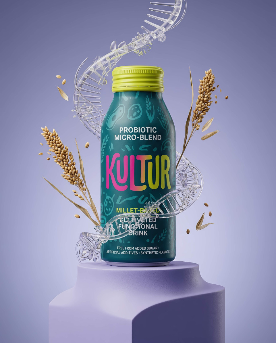 Probiotic bottle with dna helix and grains clinical display google gemini prompt