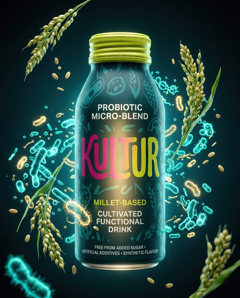 Glowing probiotic bottle with bioluminescent particles lab concept google gemini prompt
