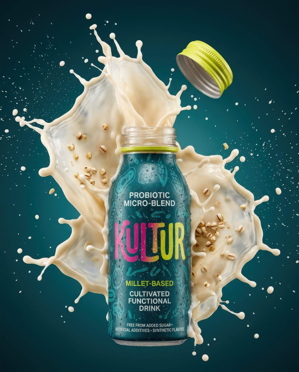 Probiotic bottle with creamy splash explosion functional drink concept google gemini prompt