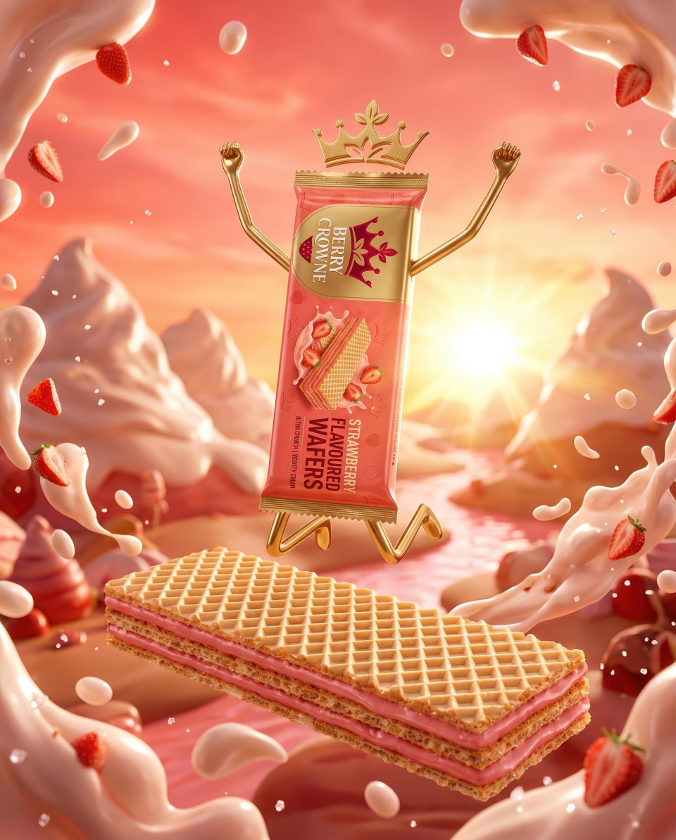 Strawberry wafer character jumping in candy fantasy world google gemini prompt