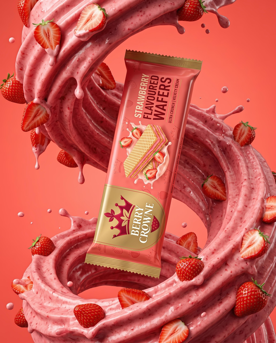 Floating wafer in strawberry cream swirl advertising shot google gemini prompt